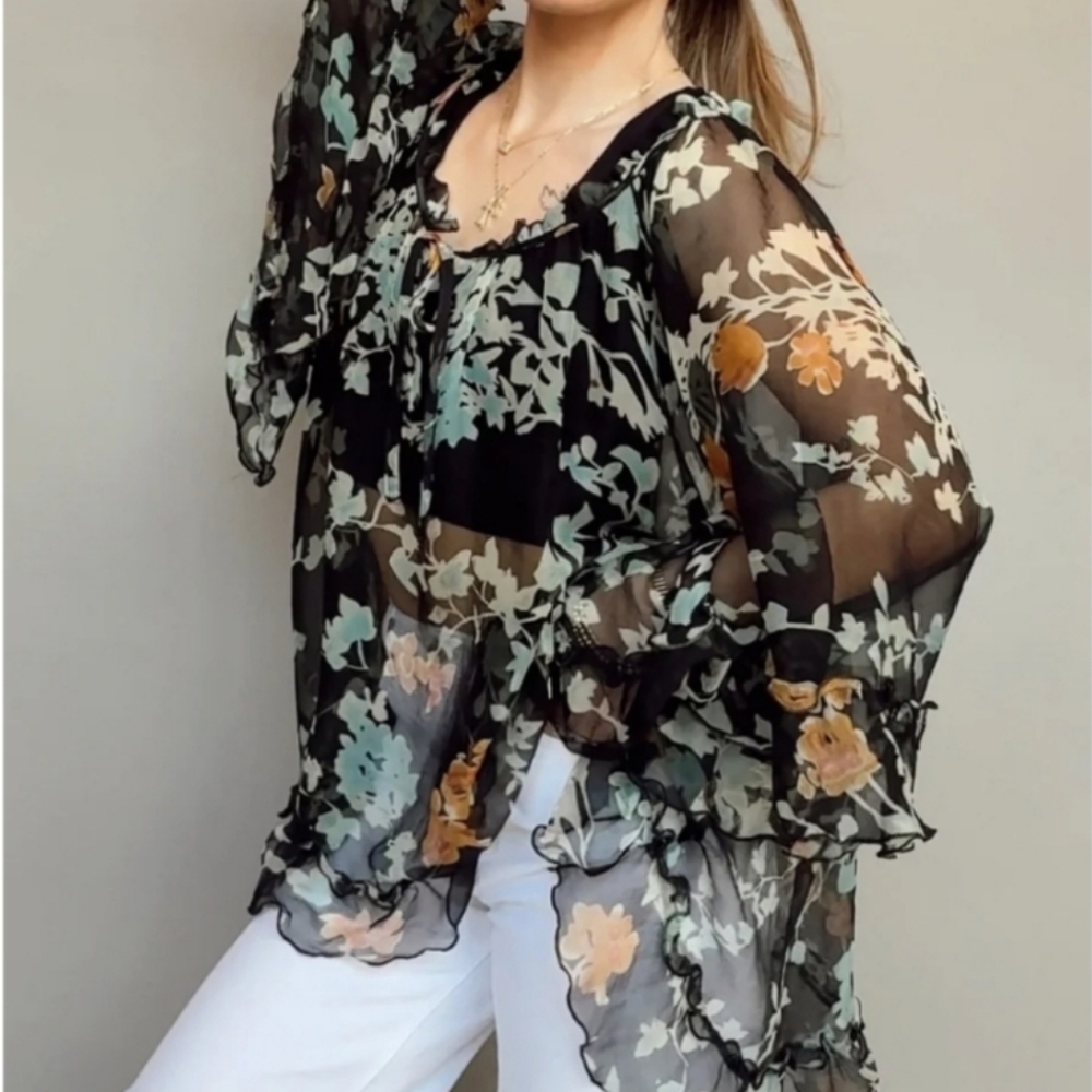 JOHNNY WAS Lindsay Flowy Floral Shear Silk Top Black Teal NWT - Picture 5 of 16